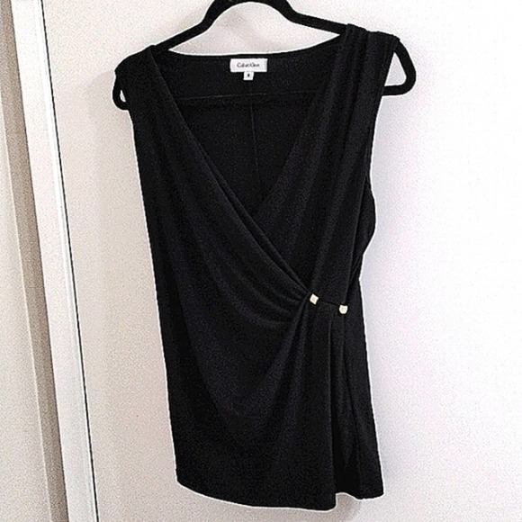 Calvin Klein BLACK Sophisticated V-Drop CAREER Top BLACK Sleeveless Gold Sz S - Picture 7 of 12